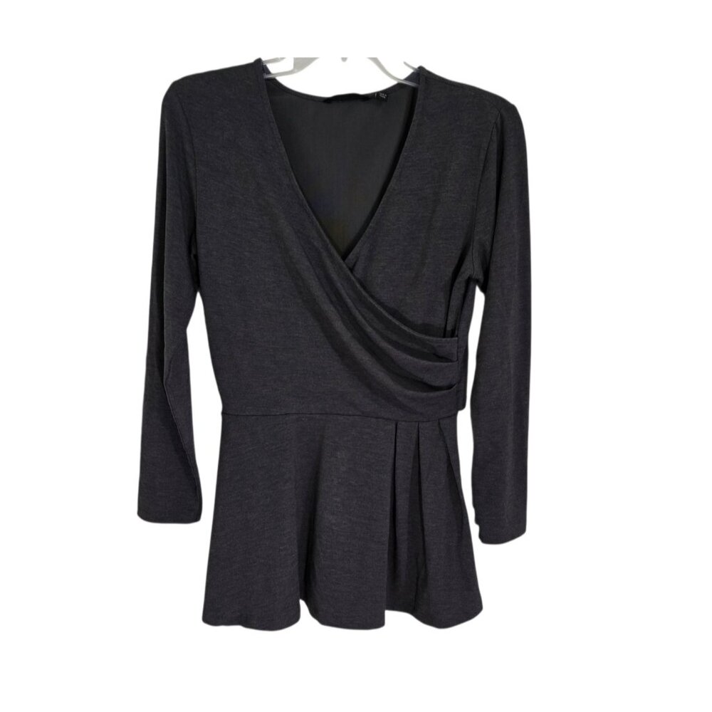 Betabrand Womens Black Peplum Blouse Faux Wrap Long Sleeve V Neck Size S